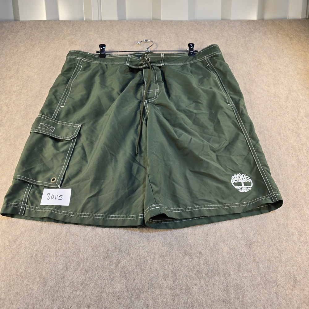 Timberland Mens Board Shorts Green Cargo Swim‎ Trunks Mesh Lined Size Large